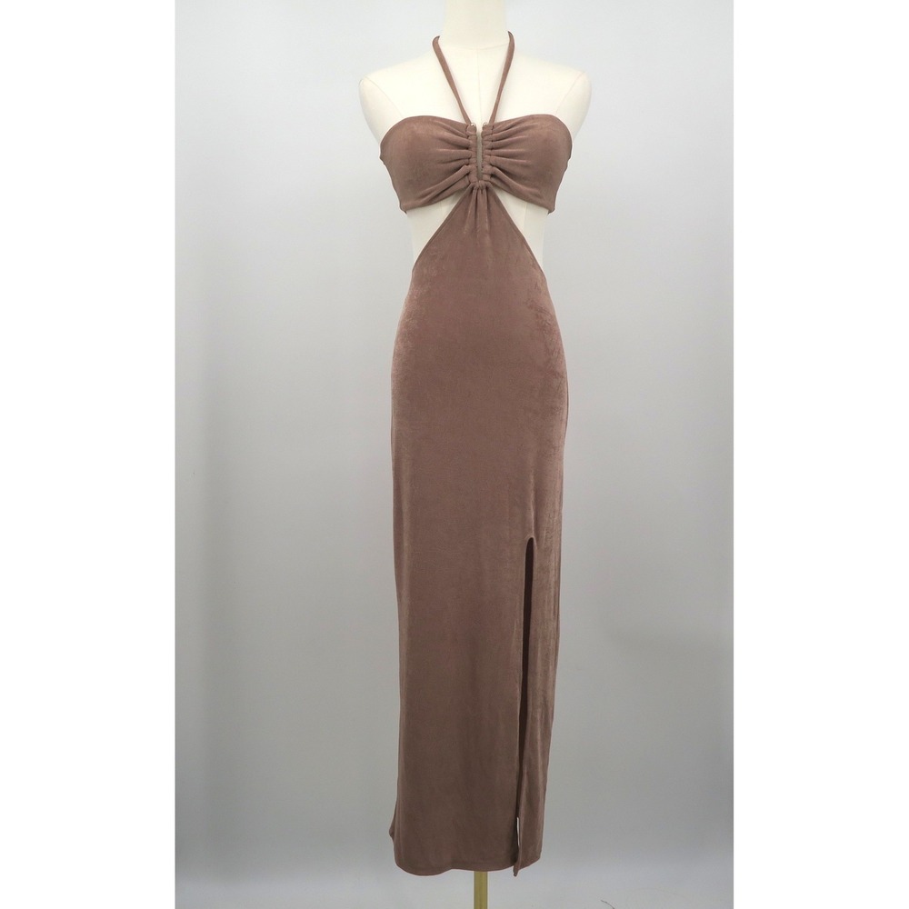 Beginning Boutique Miranda Midi Dress Brown Halter Cutout Strappy Back Size AU10